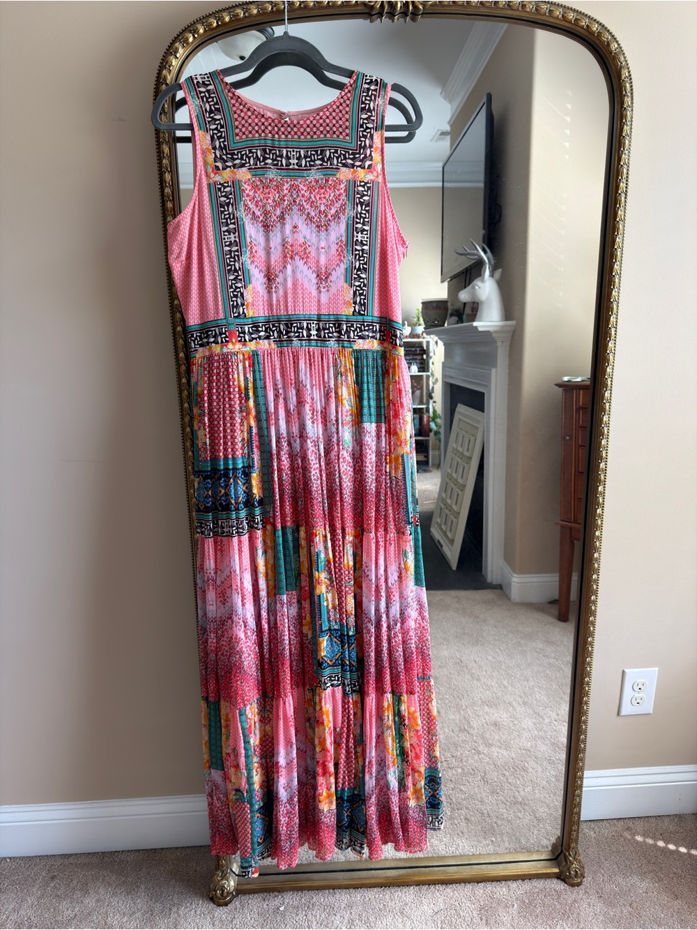 Anthropologie Pink Patchwork Maxi Dress with Floral & Geometric Panels